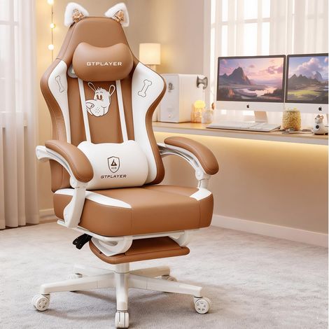 Chaise de Gaming Ergonomique, avec Oreilles de Chat, Mousse à mémoire de Forme et Repose-Pieds, 150 kg, Cuir synthétique Marron (1/5)