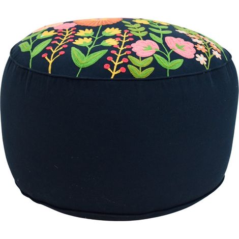 Pouf rotondo in cotone blu navy con fiori ricamati 62 cm