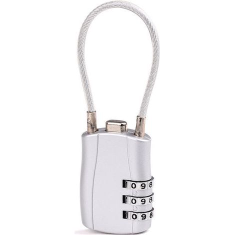F8103 Cadenas de sécurité argenté 17 cm, en liquidation, cadenas de voyage à combinaison, cadenas à bagages à trois chiffres avec câble en acier, convient aux valises, sacs à dos et aquariums. (1/3)