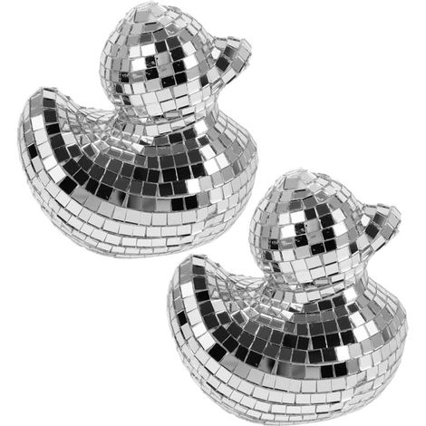 Figurine de Canard Disco Miroir Argenté 2pcs en Verre et Mousse Décoration Polyvalente pour Fêtes et Soirées Thème Discothèque (1/5)