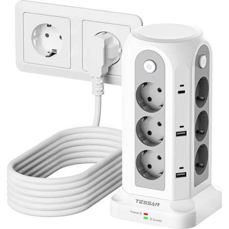Tour Multiprise avec Interrupteur, Rallonge Electrique 5M, Gris Prise Multiple avec 6 USB (4A2C) et 12 Prises, 3680W, Multiprise Parafoudre et Surtension pour Bureau Maison (1/5)