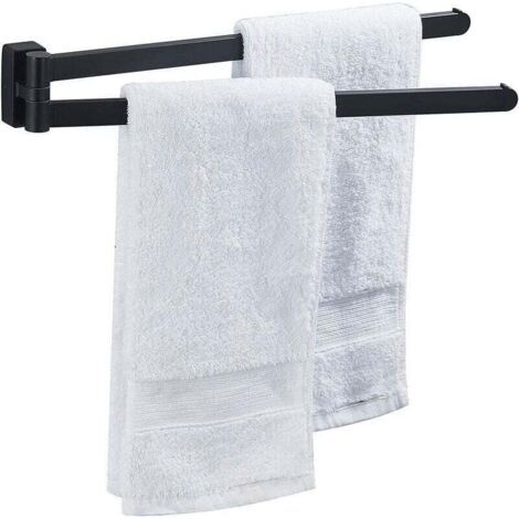 Porte-serviettes pivotant noir mat – Support mural double barre pivotante – Acier inoxydable robuste – Montage facile – Gain de place –