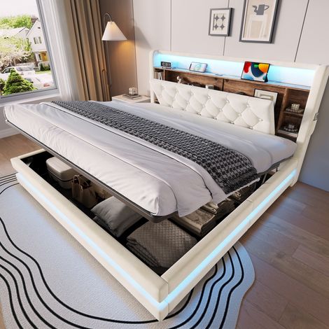 Cama con canapé abatible 180 x 200 cm, tapizada en terciopelo beige, con LED, USB y Type-C HAVRYA (1/5)