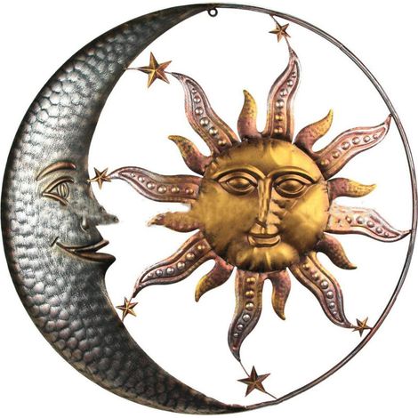 Décoration murale soleil et lune en métal, décoration murale jardin créatif, art mural rétro décoratif pour salon et chambre