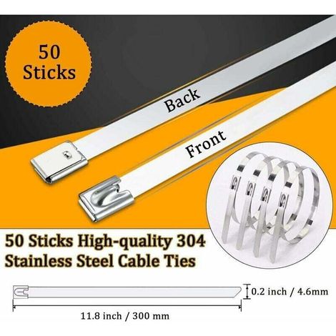 50 fascette stringicavo in acciaio inox, 300 mm x 4,6 mm, ideali per avvolgere tubi di scarico, raggruppare cavi e per la manutenzione di recinzioni e tende da sole. (1/4)