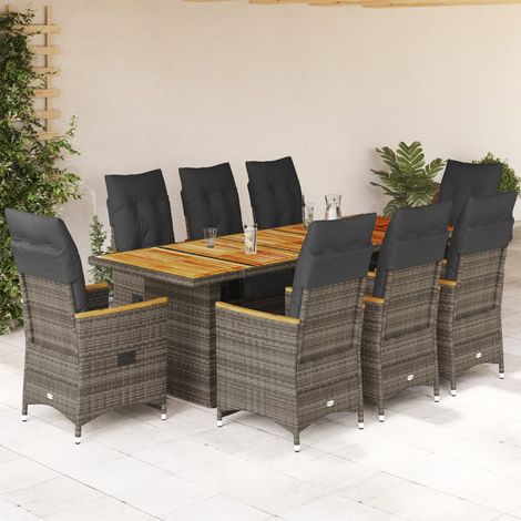 9-tlg. Garten-Bistro-Set mit Kissen Grau Poly Rattan (1/5)