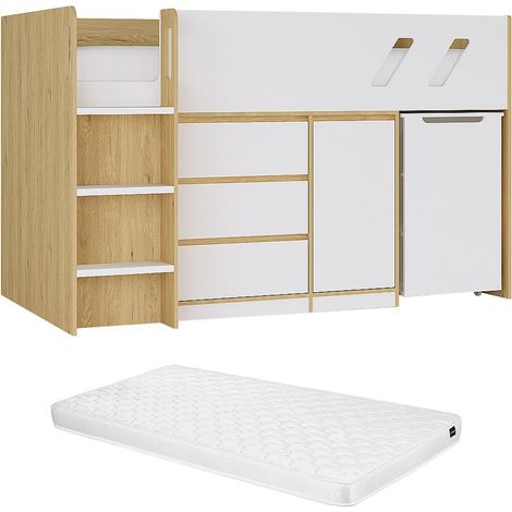 Letto combinato 90 x 190 cm con scrivania e scomparti Naturale e Bianco + Materasso - SAGITI
