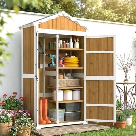 Caseta de Jardín de Madera 105x55x179 cm Armario para Herramientas con 4 Estantes Techo de Metal Galvanizado Natural (1/4)