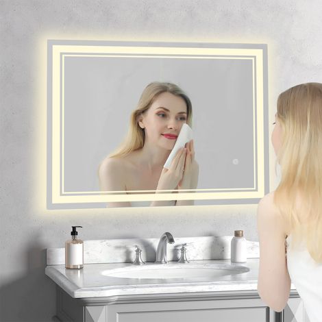 Miroir Salle de Bain 80x60 cm, Miroir Salle de Bain LED avec éclairage, Interrupteur Tactile, Intensité Variable, 3 Couleurs de LumièRe, Miroir Mural LED Horizontal/Vertical (1/5)