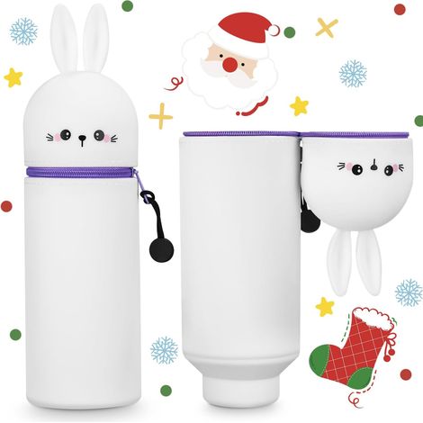 Estuche para lápices de silicona 2 en 1, diseño de conejo Kawaii, portalápices, soporte para bolígrafos, con cremallera y cordón para colgar, portalápices de mesa, diseño de dibujos animados (conejo b (1/5)