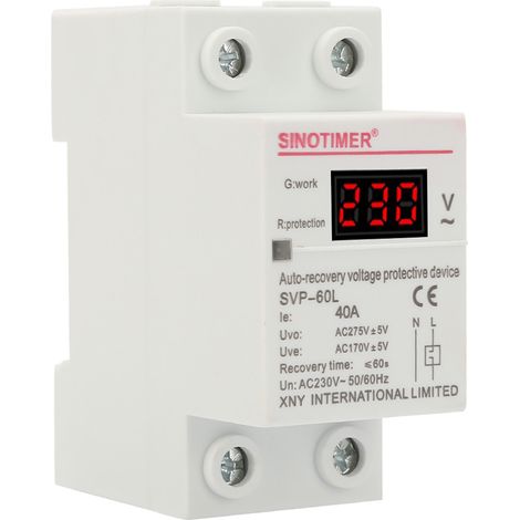 Dispositif de Protection contre Surtensions et Sous-Tensions à Récupération Automatique 230V 40A avec Affichage de Tension et Voyant Lumineux Dispositif de Protection Rail DIN.