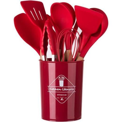 11 pièces, ustensiles cuisine, manche bois silicone, rouge, set complet pour cuisinier amateur ou professionnel (1/4)