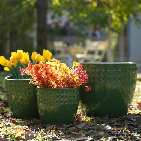 3-teiliges handgemachtes Keramikpflanztopf-Set (Ø 38,1/30,5/22,9 cm), grünes Rautenmuster, ideal für Orchideen/Sukkulenten, Innen/Außen, Fensterbänke/Bücherregale, atmungsaktive Tonware. (1/5)