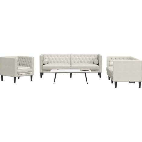 3-tlg. Chesterfield-Sofa-Set mit Nackenrollen Creme Samt