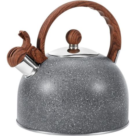 Théière sifflante de 2,5 litres, compatible avec cuisinière, théière en acier inoxydable adaptée à l'eau bouillante, au lait ou au café, théière gris étoilé avec poignée en bois anti-c (1/5)