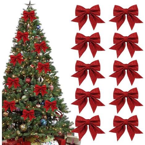 10 PCS Arcs de Noël Pailletés, Petits Noeuds de Noël, Noeuds Pailletés pour Couronnes de Noël, Guirlandes, Décorations d'arbres, Rouge (1/5)