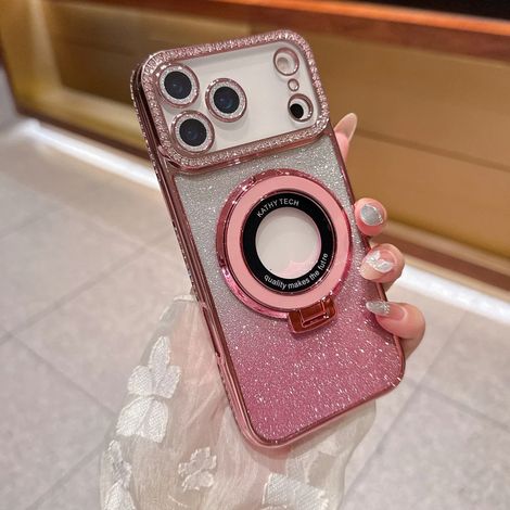 (Rose, iPhone 12 Pro) Étui de téléphone de haute qualité orné de strass scintillants et doté d'un support de chargement sans fil magnétique.