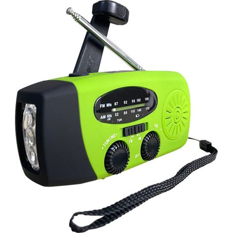 Radio d'urgence portable à énergie solaire et à manivelle, avec lampe de secours, batterie 2000 mAh, Verte (1/5)
