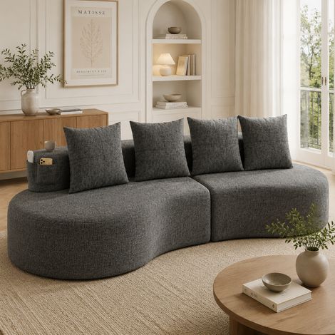 Canapé en lin avec 4 coussins, garnissage en mousse haute densité et plumes, porte-gobelet intégré et poche latérale – Design élégant, confortable et respirant, idéal pour salon, chambre d'amis ou bal (1/5)