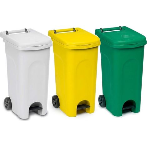 3 Bidoni 80 Litri bianco giallo e verde Carrello con Ruote Pedale coperchio Raccolta spazzatura Differenziata da Esterno Interno Anello Ferma Sacco Contenitore Secchio Rifiuti domestico professionale (1/5)