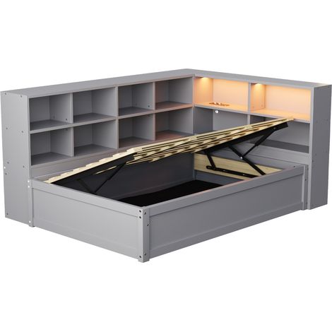 Cama canapé multifunción gris 90 x 200 con enchufes, LED y almacenaje HOMVRA (1/5)