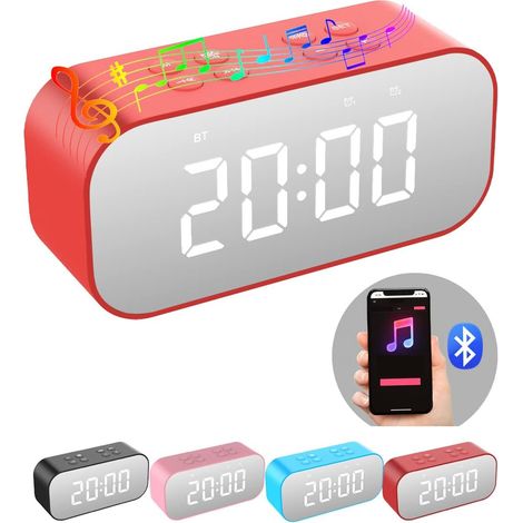 Réveil numérique avec haut-parleur Bluetooth, miroir LED, double alarme et fonction snooze, rouge, 1 pièce (1/4)