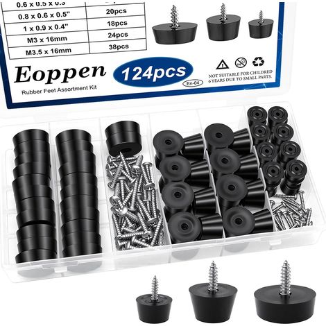 Kit de 124 patins en caoutchouc pour planches à découper (avec rondelle en acier inoxydable intégrée et vis) 3 tailles incluses : 0,6 po, 0,8 po et 1 po (1/5)