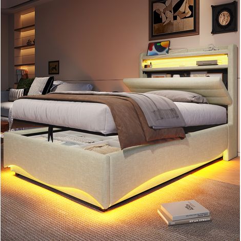 Bett mit Stauraum 90x200 LED Hydraulik Beige HAVRYA (1/5)
