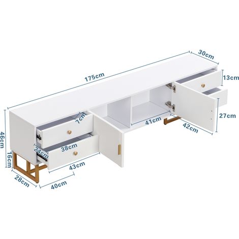 Meuble TV bas avec porte en panneaux texturés, meuble téléviseur à tiroirs, poignées dorées et pieds dorés. (1/5)