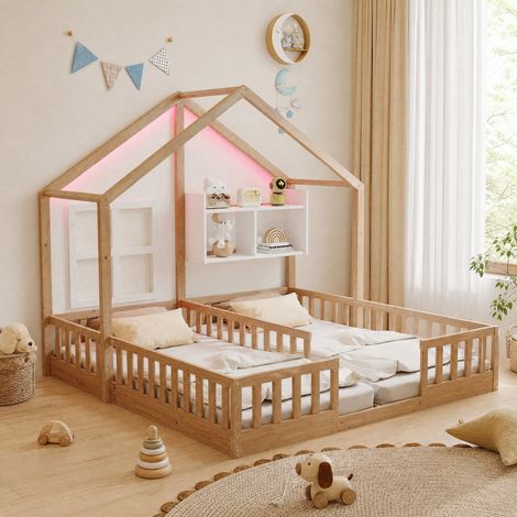 Lit double enfant 2 x 90x200 cm en bois coloris bois pour chambre partagée avec LED - CHICFURN (1/5)