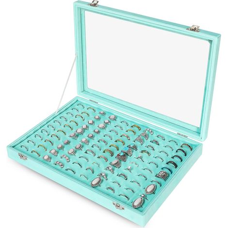 Plateau de rangement de bagues en velours avec couvercle transparent - 100 emplacements pour bijoux - Présentoir à bagues pour femme (turquoise) (1/5)