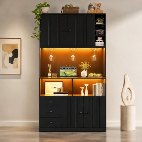 Haut buffet de cuisine 180 cm en MDF noir, avec LED, prises, range-bouteilles et vitrine (1/5)