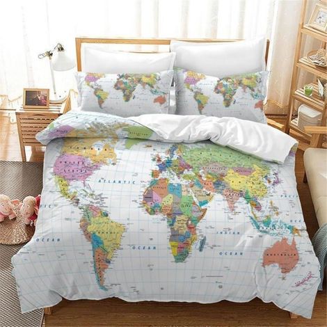 Housse De Couette Enfant - 140x200 Cm - Imprimée Carte Du Monde 3D - Microfibre Polyester - Parure Lit Complète Avec 2 Taies 50x75 Cm (1/3)
