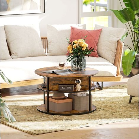 Mesa de centro elevable redonda Ø80 cm, altura regulable 47-61,5 cm, con almacenaje, marrón OKMYHOME (1/5)