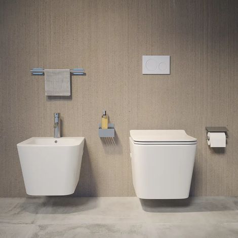 Coppia di Sanitari Sospesi in Ceramica Bianco Lucido Vaso Rimless con Copriwc Soft-close e Bidet Mod. Londra (1/5)