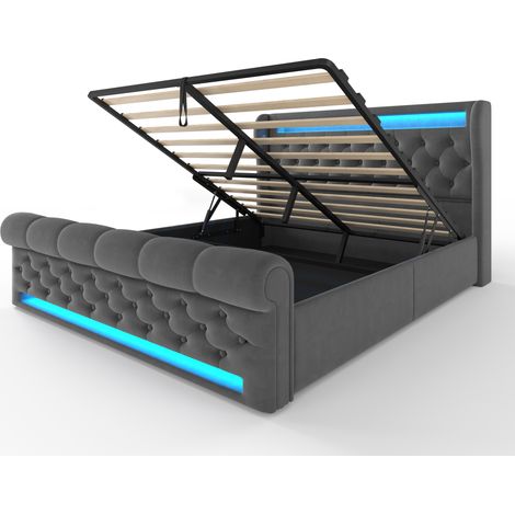 Cama tapizada con almacenaje 140x200 cm en terciopelo gris, LED, USB-C, con colchón (1/5)