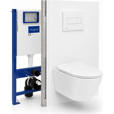 Pack WC complet avec bâti-support Villeroy & Boch, cuvette sans bride vortex, abattant SoftClose, plaque blanche (VBCEWT02-FR) (1/5)
