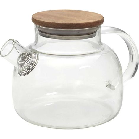 Théière en Verre 90Cl Couvercle en Acacia Conçu pour Thé Café et Infusions Couleur Marron Transparent (1/5)