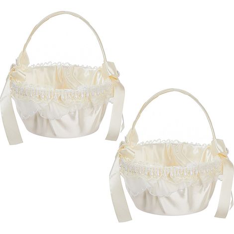 Panier à fleurs blanc cassé (lot de 2) - Panier à fleurs style western pour demoiselle d'honneur, panier à fruits pour pique-nique, camping ou autres occasions. Panier à fleurs portatif en tissu. (1/2)
