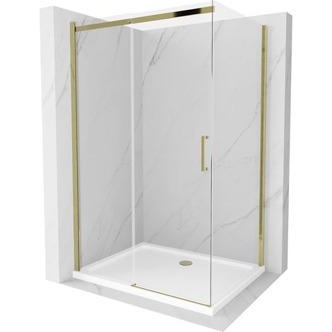Mexen Omega ausziehbare Duschabtrennung 100 x 80 cm, Transparent, Gold + Duschwanne Flat - 825-100-0