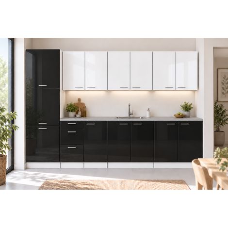 Küchenzeile 300 cm Schwarz Weiß Hochglanz 8 Schränke ohne Arbeitsplatte (1/5)