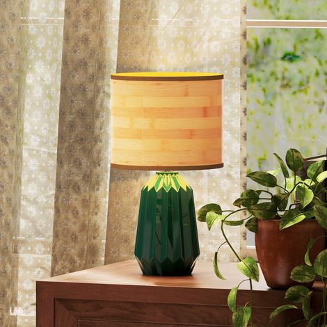 Lampe de table style rétro avec pied en céramique et abat-jour en lin pour chambre, 40 W, vert et bois naturel