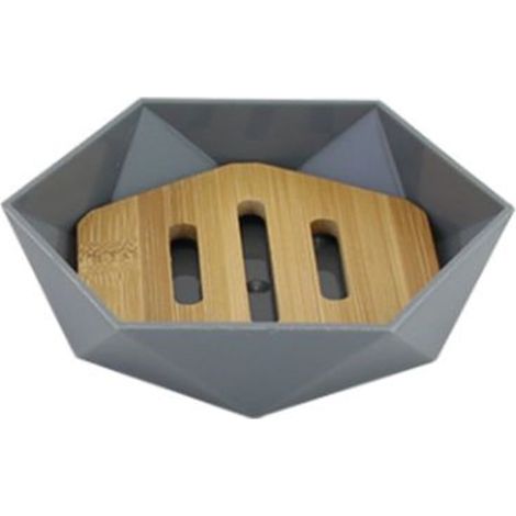 TRADE SHOP - Piattino Porta Sapone Saponetta Forma Esagonale Geometrico Grigio Legno Da Bagno 10848 - (1/5)