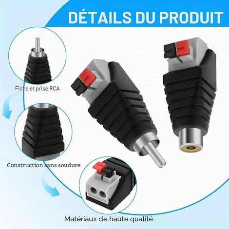 Fiches RCA, Mâle et Femelle vers Borne à Vis, Adaptateur RCA (1/4)