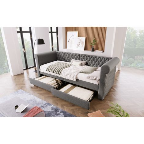Cama tipo sofá 90x200 cm de lino gris con 2 cajones, para espacios pequeños, sin colchón – MEUBLIV (1/5)