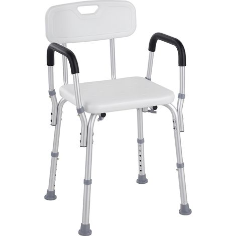 Chaise douche ergonomique hauteur réglable pieds antidérapants dossier accoudoirs amovibles charge 136 kg aluminium PEHD blanc
