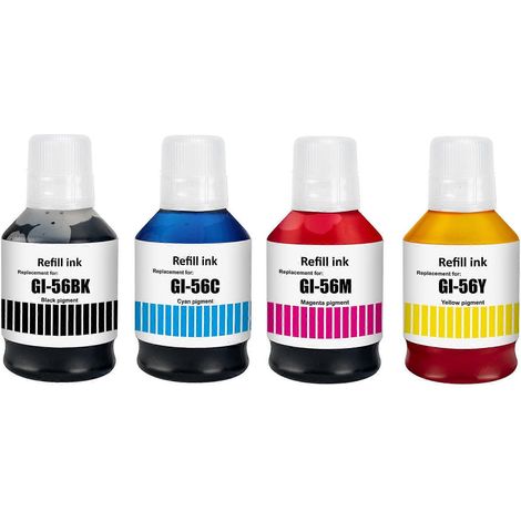 Lot de 4 flacons d'encre de recharge compatibles Go Inks G-56 (noir/cyan/magenta/jaune) pour imprimantes Canon MAXIFY GX3050, GX4050, GX5050, GX5550, GX6050, GX6550 et GX7050 (1/3)