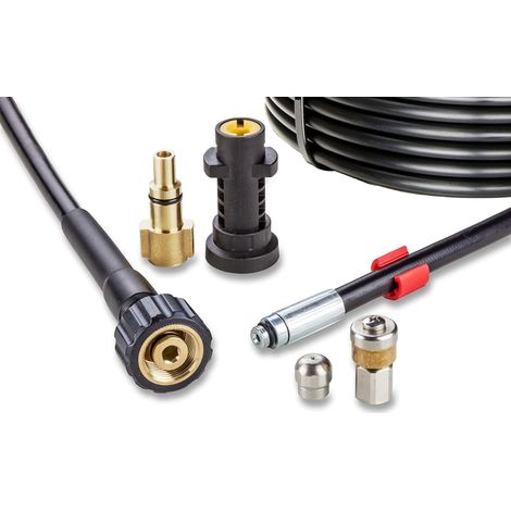 Rohrreinigungsschlauch für Hochdruckreiniger 15m, 200 bar - Ferret Kit kompatibel mit Kärcher, Parkside, Lavor, Bosch Professional - mit fester Düse, rotierender Düse (1/5)