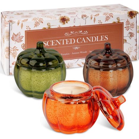Duftkerzen im Glas Set, 3er-Pack, Sojawachs, Kürbisform, Herbst-Aromen