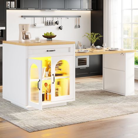 Îlot de cuisine extensible 126-196x59x94cm avec éclairage LED,table de bar avec 2 tiroirs,étagères réglables,plan de travail de cuisine en MDF(Blanc)